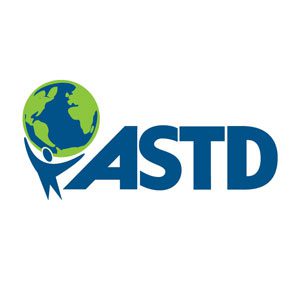 The logo for ASTD which is a blue person holding the whole earth.