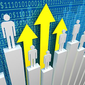 Bar graph that has people on top of each graph and bright yellow arrows pointing upwards showing an increase in profits.