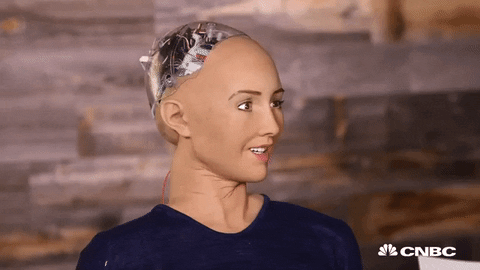 Human-like robot scowls.